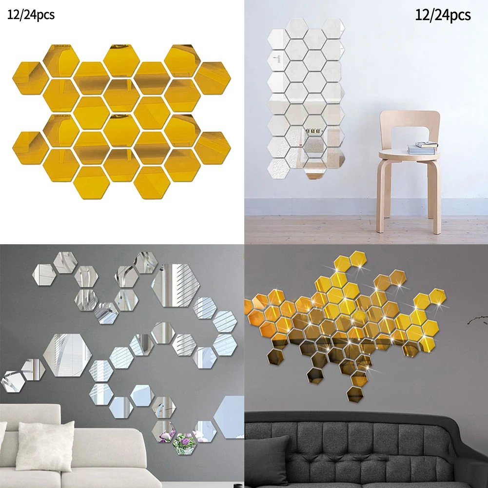 

Зеркальные 3D наклейки на стену, акриловые съемные настенные стикеры в форме Шестиугольника, украшения для дома «сделай сам», зеркальные украшения, 12/24 шт.