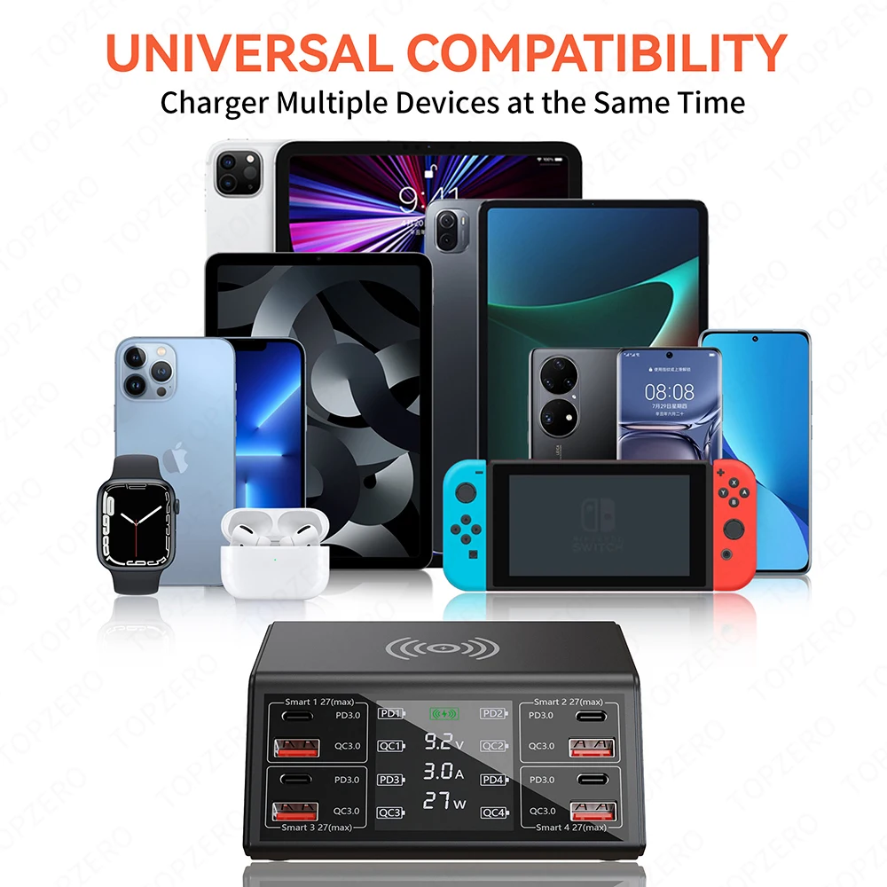 100w 8 port usb charger pd qc3 0 usb c fast phone charger qi wireless charger charging station for iphone 13 12 xiaomi samsung free global shipping