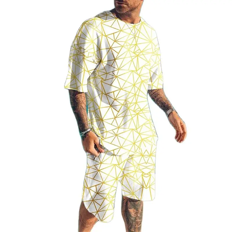 

2022 Summer Lattice 3D Printed Men's T-shirt Shorts Oversized O-neck Beach Male Running Set Loose Harajuku Hip Hop Teenager