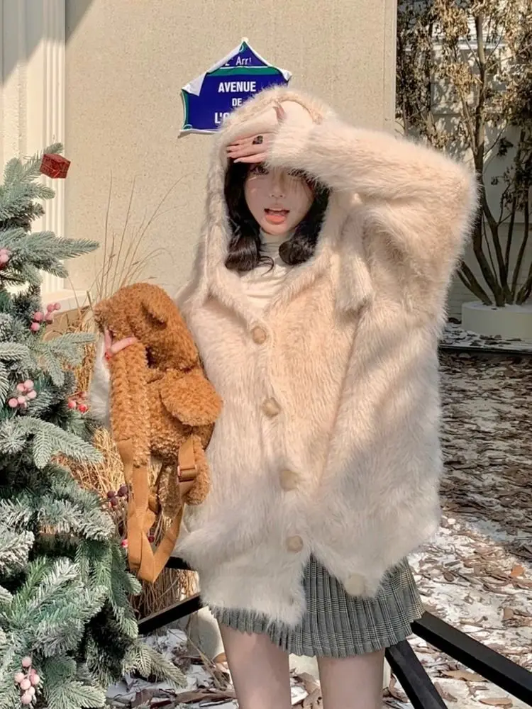 Дизайнерский вязаный кардиган с капюшоном и заячьими ушками новый свободный