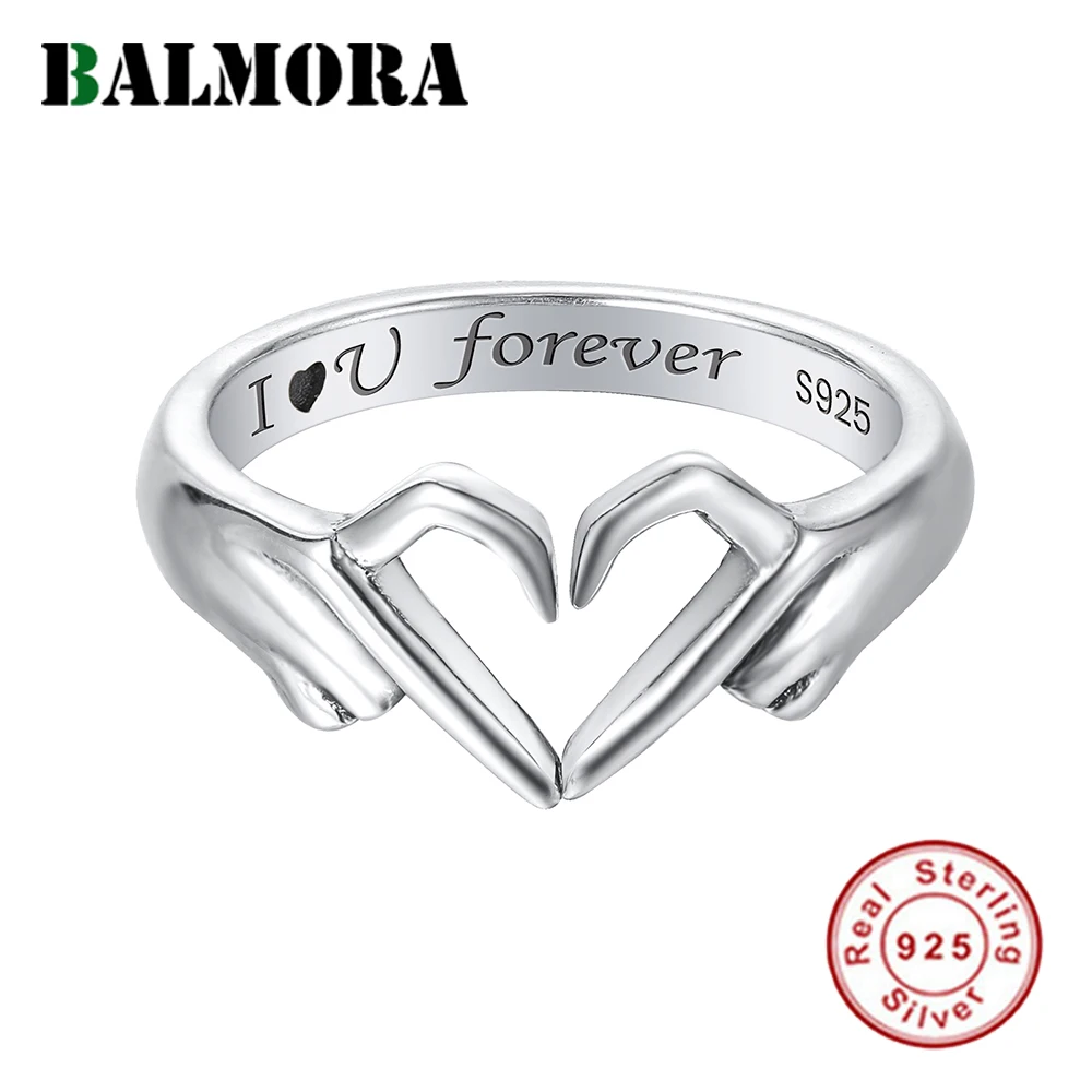 

BALMORA S925 'I Love You Forever' Romantic Hands Than Heart Ring Geometric Palm Love Gesture Couple Wedding Fashion Ring Jewelry