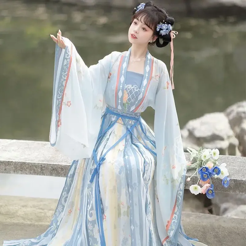 

Женское платье, Женский костюм Hanfu в старинном китайском стиле, Женский костюм для косплея, яркий костюм Hanfu синего и красного цветов, 3 предмета в комплекте