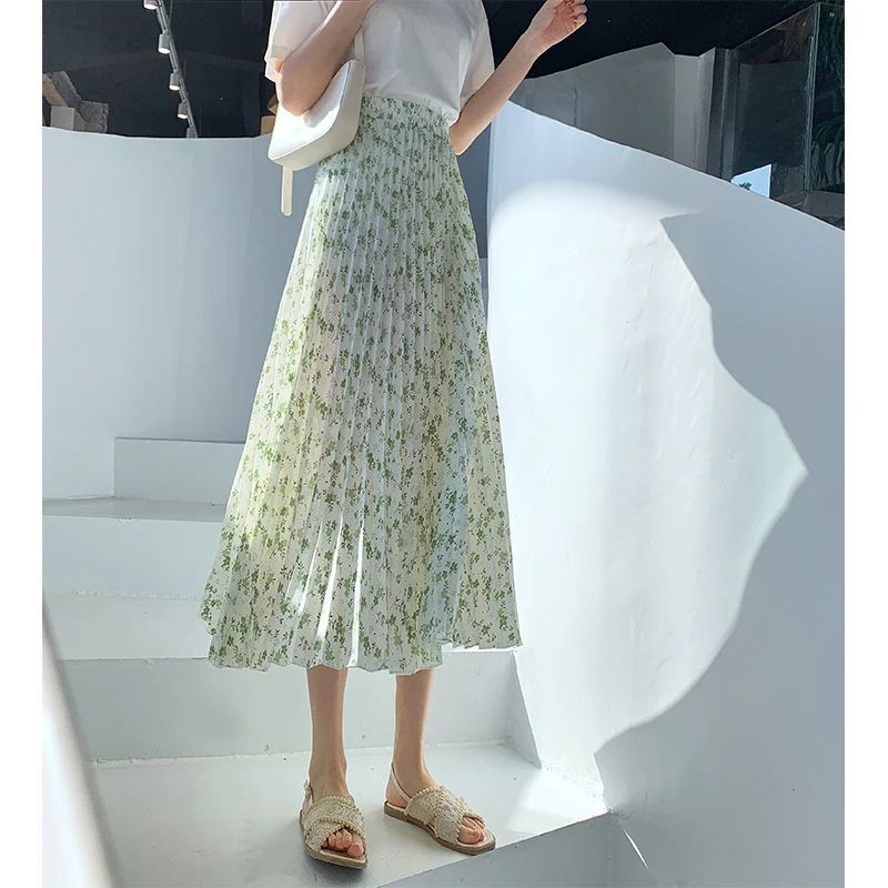 

Summer Chiffon Woman Skirts Korean Fashion Green Floral Long Skirts for Women Vintage Office Lady Midi Skirt
