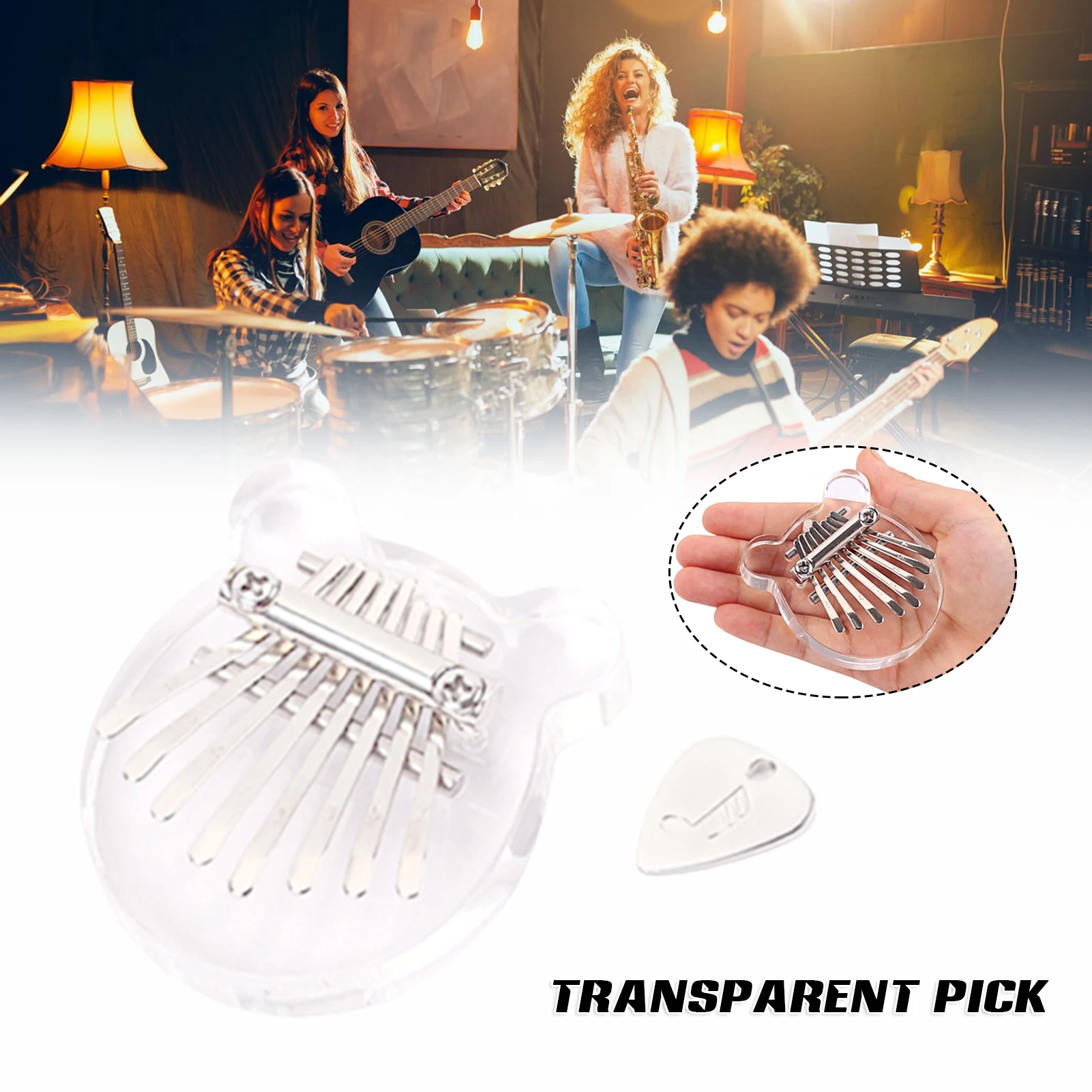 

8 Keys Mini Kalimba Transparent Exquisite Thumb Piano Bear Ear Shape with A Pick Glass Kalimba Handheld Piano Clear Kalimba S55