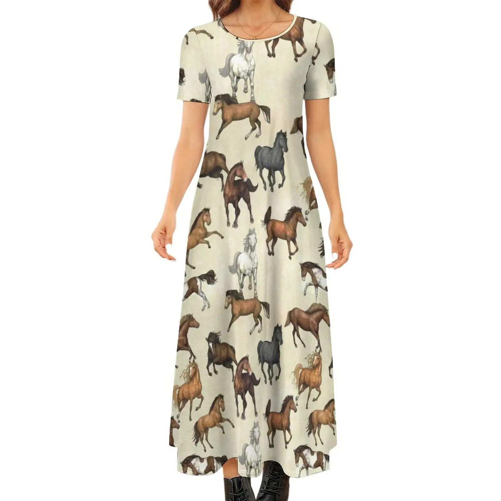 

Sunset Horse Dress Cool Animal Print Trendy Maxi Dress Short Sleeve Street Wear Boho Beach Long Dresses Ladies Oversized Vestido