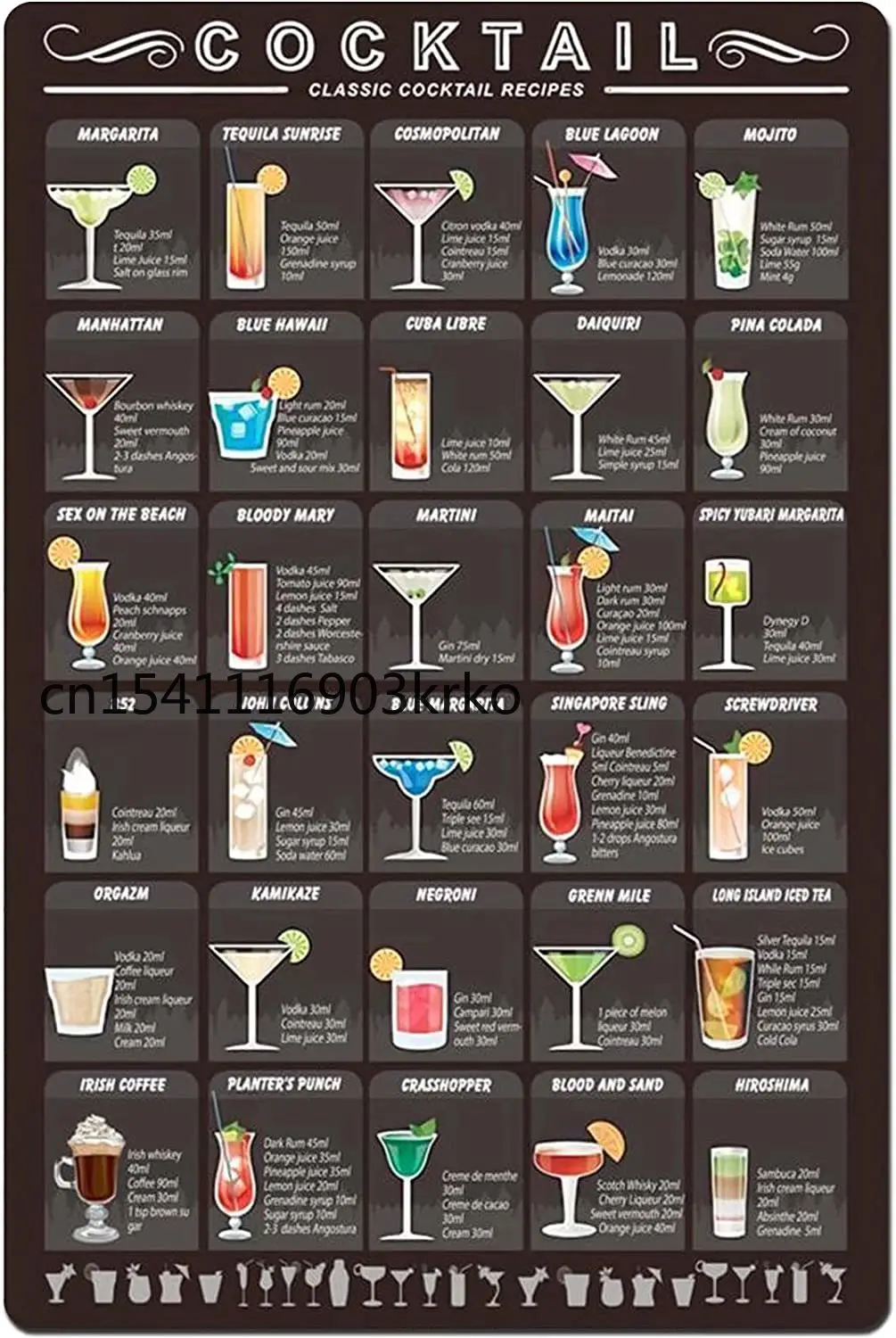 

Cocktail Knowledge Metal Tin Sign Classic Cocktail Recipes Aluminum Poster Home Kitchen Bar Cafe Club Wall Decoration Plaque