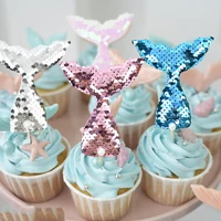 5pcs colorful sequins mermaid tail cupcake topper under the sea birthday cake toppers wedding party kids baby shower decoration