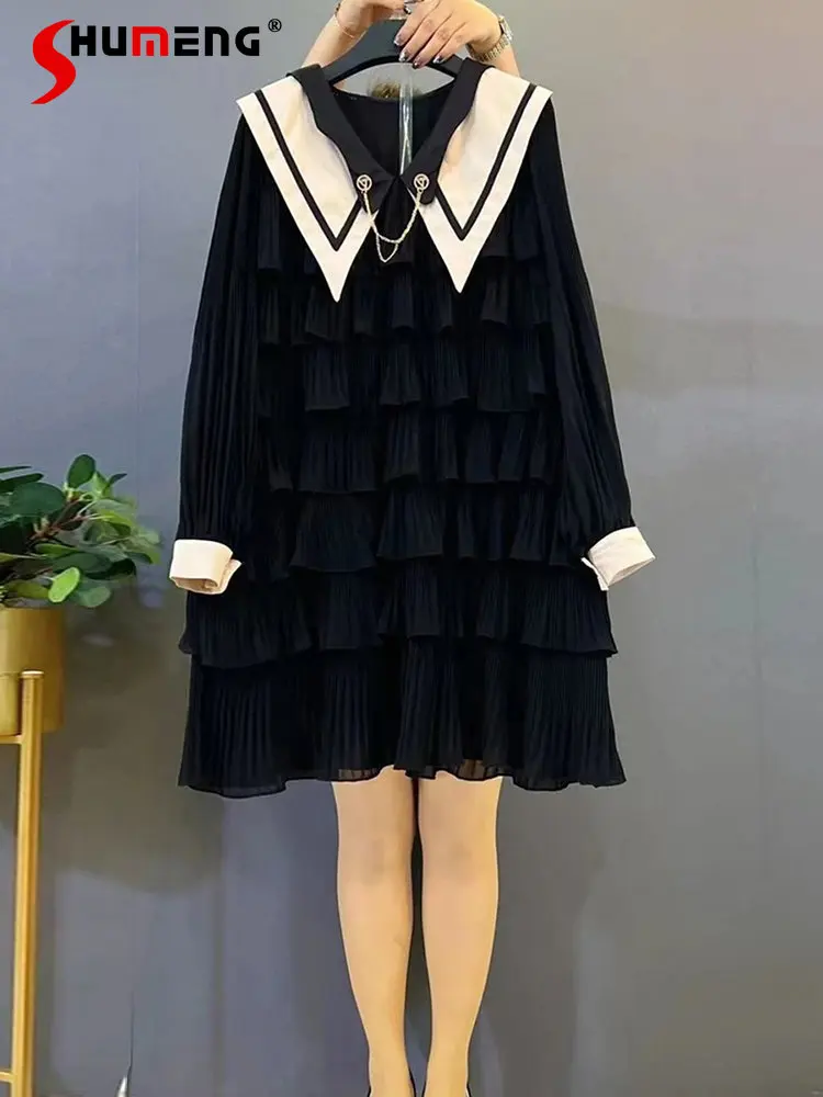 

2023 Spring New Large Size Women's Clothing Korean Style Light Luxury Dress Women's Fashion Doll Collar Stitching Slim-Fit Dress