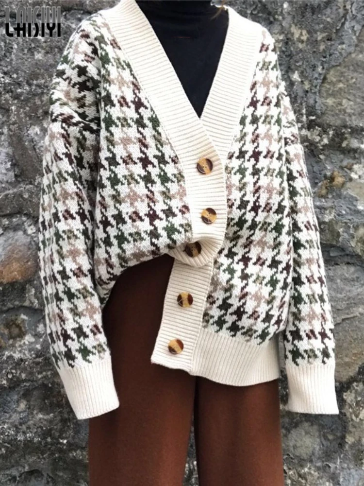 

LAISIYI Plaid Knitted Cardigan Women Long Sleeve Top Single Breasted Autumn Winter Loose Sweaters Cardigan Coats Vintage Clothes