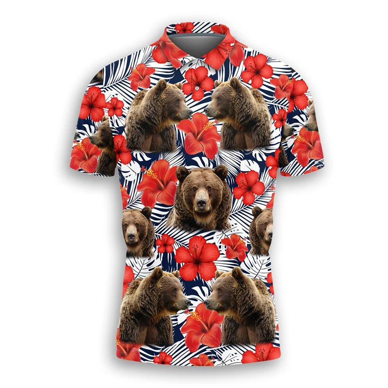 Рубашка-поло мужская с 3D-принтом медведя модная повседневная короткими рукавами