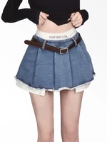 houzhou sexy korean denim micro skirt women summer y2k high waist irregular patchwork fake two piece belt mini skirt streetwear