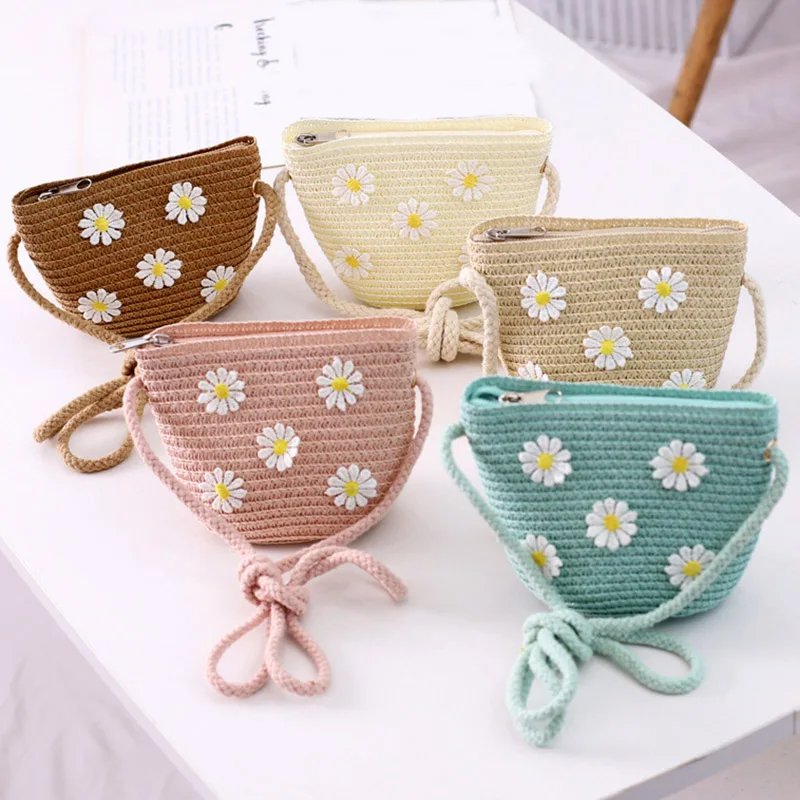 

2023 New Summer Children Girls Shoulder Bag Daisy Flower Straw Bag Messenger Bag Kids Keys Coin Purse Cute Princess Mini Handbag