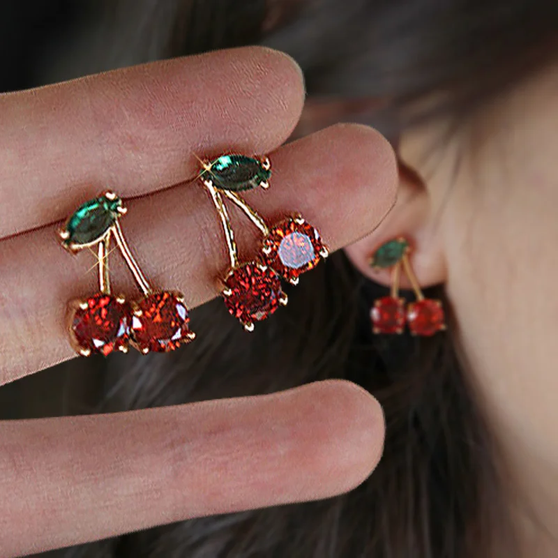 

Red Zircons Cherry Stud Earrings Women's Small Exquisite Green Zircon Leaf Earring Banquet Valentine's Day Fashion Jewelry Gifts