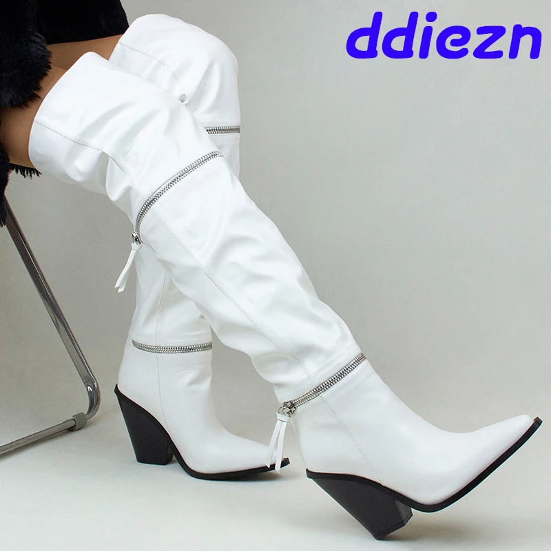 

Fashion Zippers Western Footwear Ladies Long Boots New In Female Shoes With Thick Heels Women Over the Knee Boots Shoes
