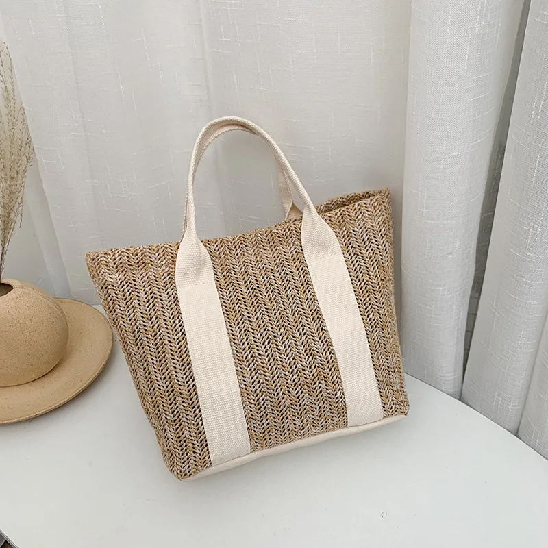 

2023New Casual Tote Bag Women Summer Patchwork Straw Woven Lightweight Top Handle Beach Handbag for Vacation Travel High Quality