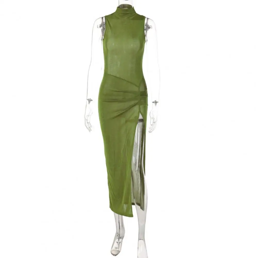 

Hip Wrap Attractive Side High Split Hem Bodycon Club Dress Skin-touching Maxi Dress High Collar Female Clothing