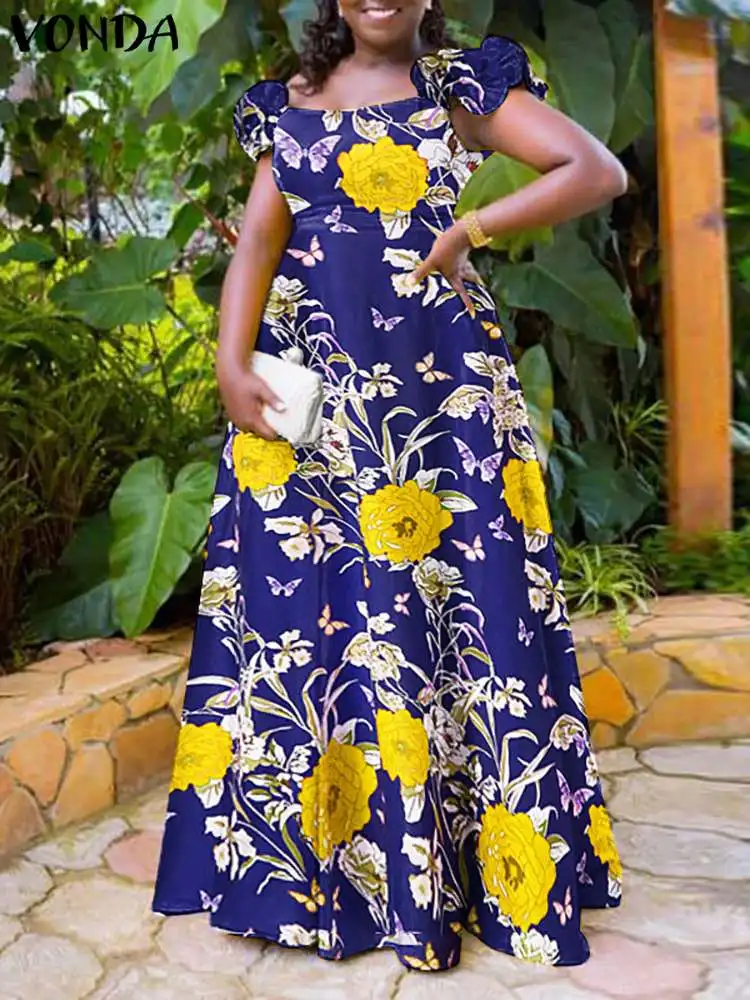 

Женское богемное платье-макси VONDA 202, пикантное плиссированное платье с оборками на манжетах и цветочным принтом, праздничное вечернее Макс...