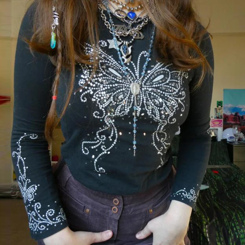 

2022 Стразы футболки с рисунком бабочки Топы винтажные гранж футболки шикарные ретро с длинным рукавом приталенные футболки Y2K одежда
