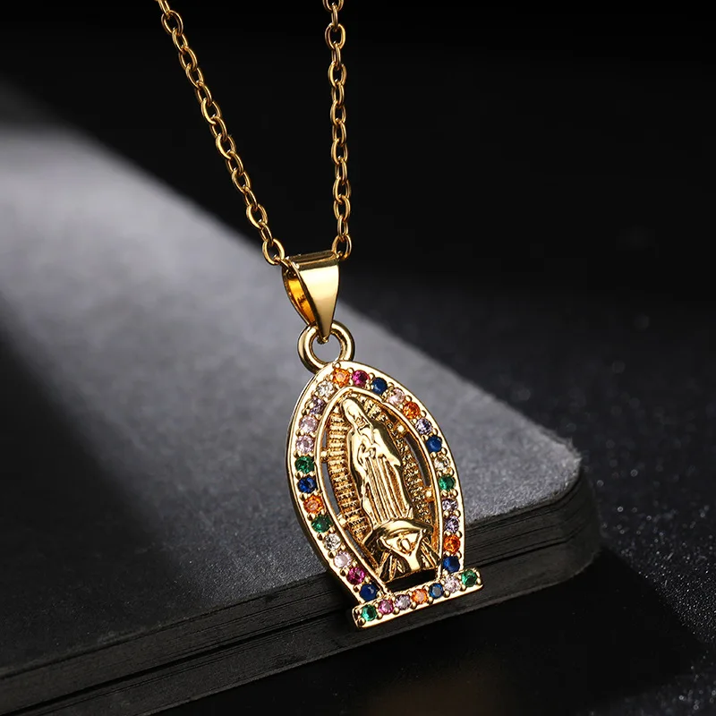 

Niche Design Virgin Mary Pendant Copper Zircon Plated 18K Gold Clavicle Chain Fashion All-match Necklace Women Jewelry Wholesale