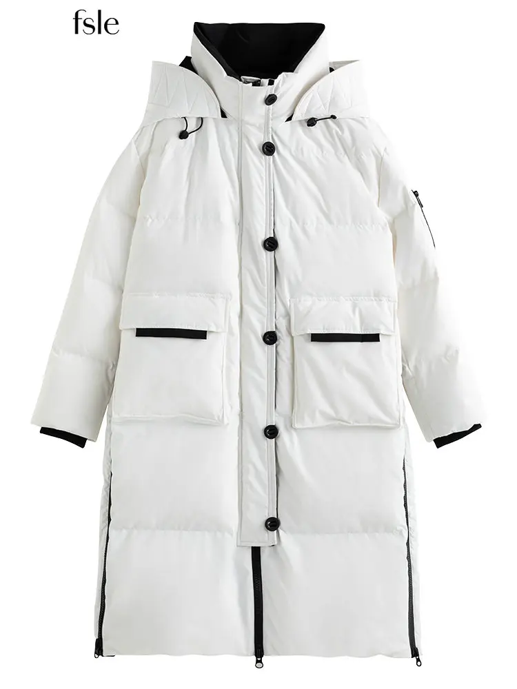 

FSLE 214G Filling Capacity Waterproof Tooling Style Down Jacket Women Winter Thick Warm Stand Neck Hooded Long Down Coat