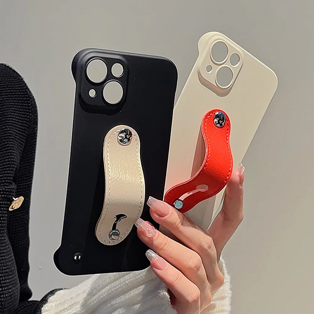 

Luxury Ultra Slim PC Frameless Case For Iphone 14 Pro Max Funda Iphone 13 Pro 11 12 14promax 13promax With Leather Bracet Covers