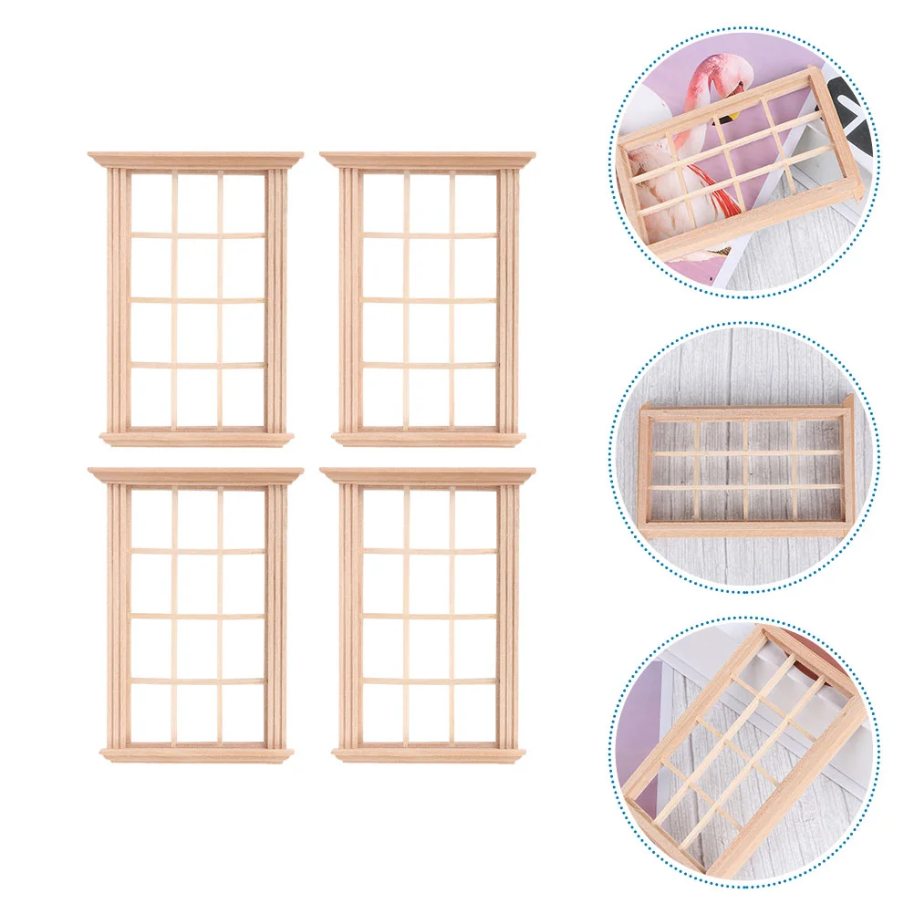 

4pcs 1: 12 Dollhouse Furniture Miniature Wooden Window Frame Dollhouse Furniture Ornament for Micro Landscape Cake Topper Small