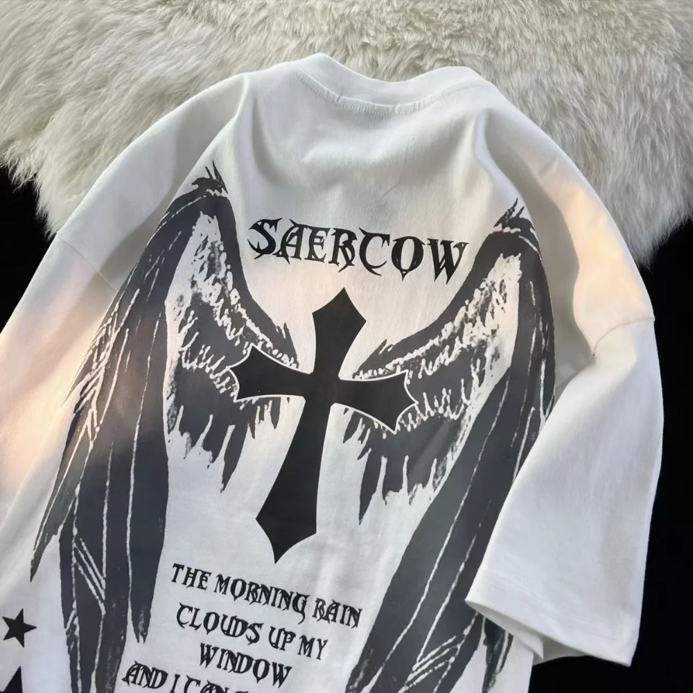

Vintage White T-shirt Gothic Graphic Print Casual Oversized Men's Streetwear Top Y2k Clothes Harajuku Cotton Unisex Hip Hop Tee