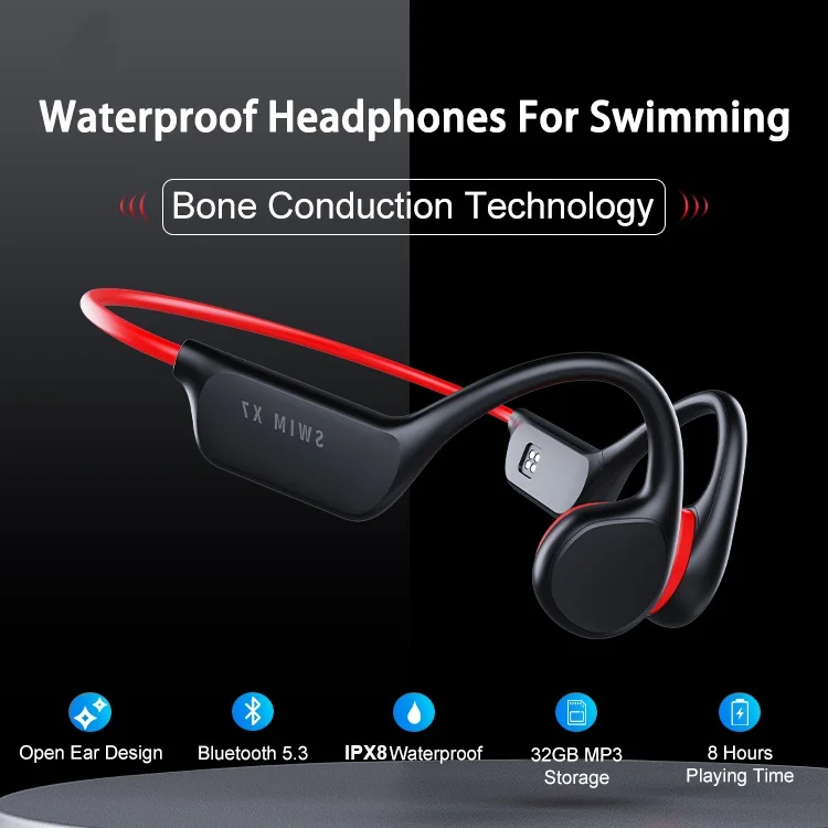

IPX8 Bone Conduction Headset Bluetooth Wireless Sports Running Waterproof Swimming Portable Audio Device Headset With Microphone