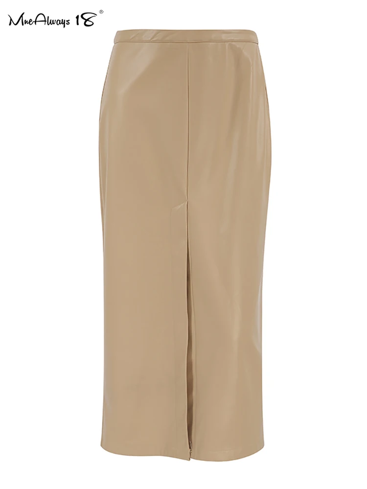 Mnealways18 хаки полиуретановая юбка с разрезом женские прямые теплые Универсальные