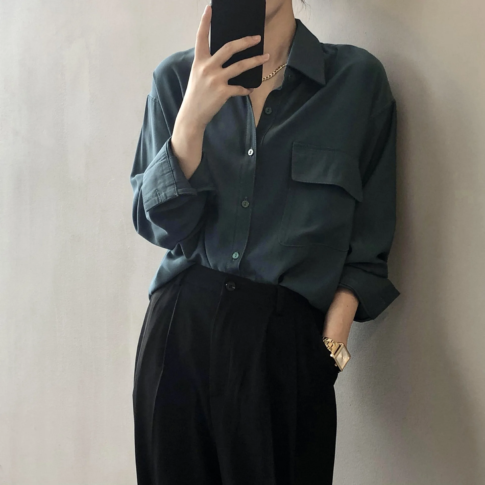 

SuperAen Solid Turn Down Collar Shirt Female 2022 Spring New Full Office Lady Casual Womens Tops