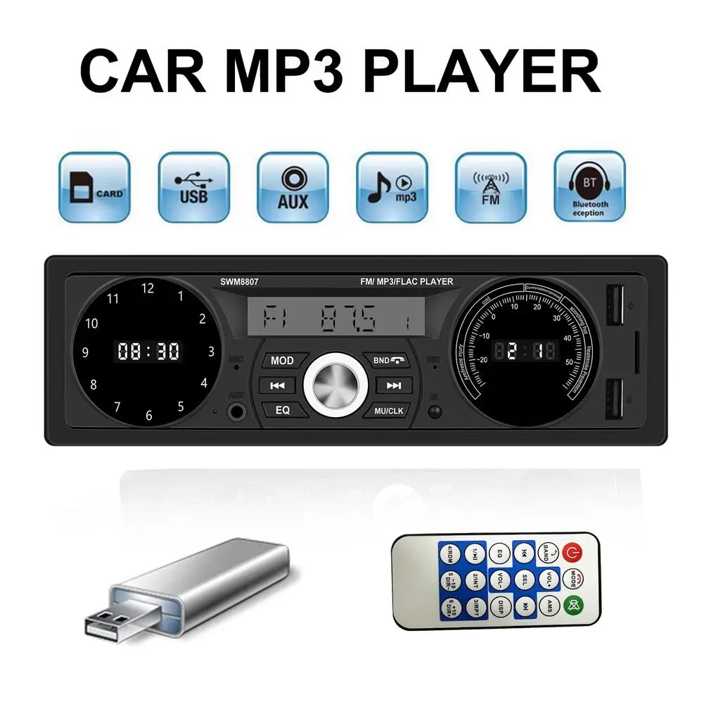 

Автомобильный радиоприемник SWM 8807 FM MP3-плеер 1 Din аудио стерео AUX вход функция USB зарядки с дистанционным управлением светодиодный сегментные дисплеи