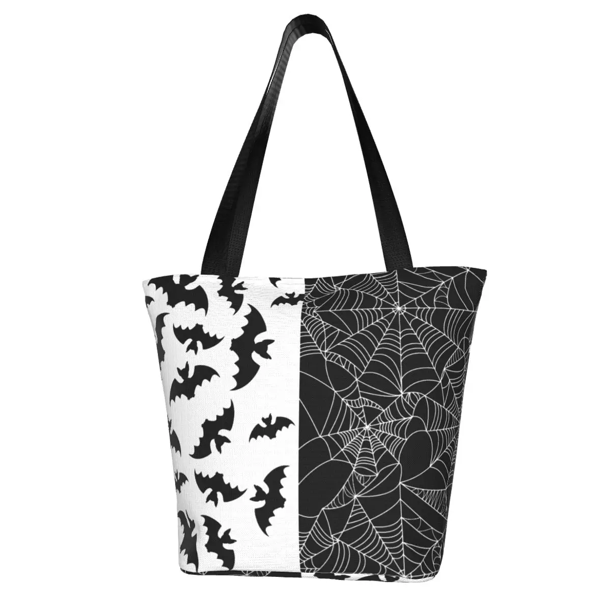 

Black White Two Tone Shopping Bag Bats And Webs Stylish Cloth Outdoor Handbag Female Fashion Bags