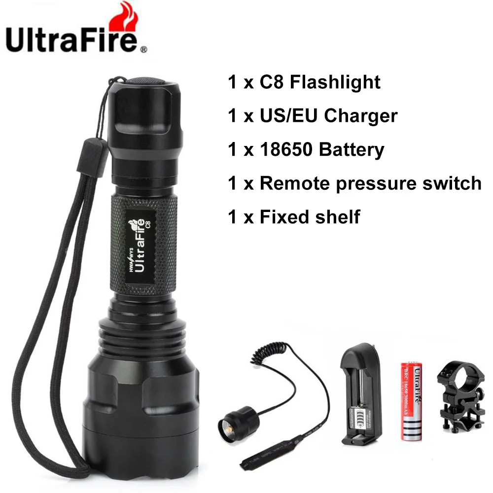 

Ultrafire C8 LED Flashlight XML-L2 18650 Flashlight Rechargeable Battery 5 Mode Torch Lantern Tactical LUZ Transmitter Bulb