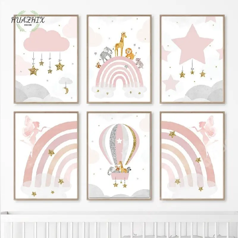 

Rainbow Cloud Star Canvas Painting Wall Art Giraffe Lion Posters and Prints for Nursery Baby Room Decor Customize Name Pictures