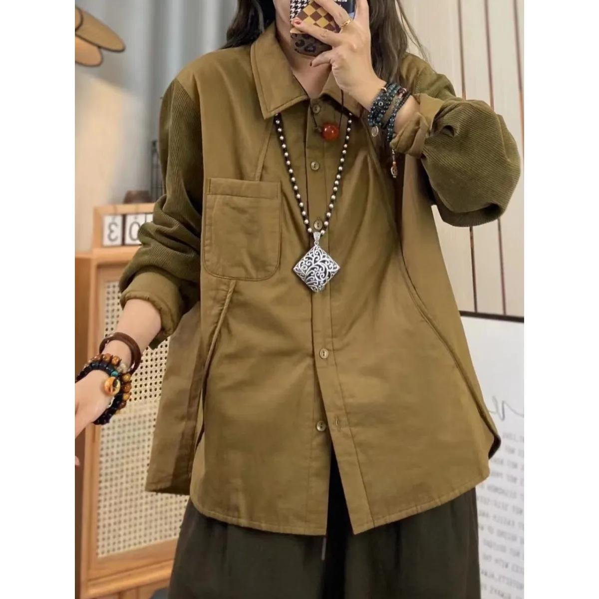 2024 Autumn and Winter Loose Plus size women clothing Slimming Chubby Girl Quilted Shirts Casual Retro Long sleeve Shirt Oute...