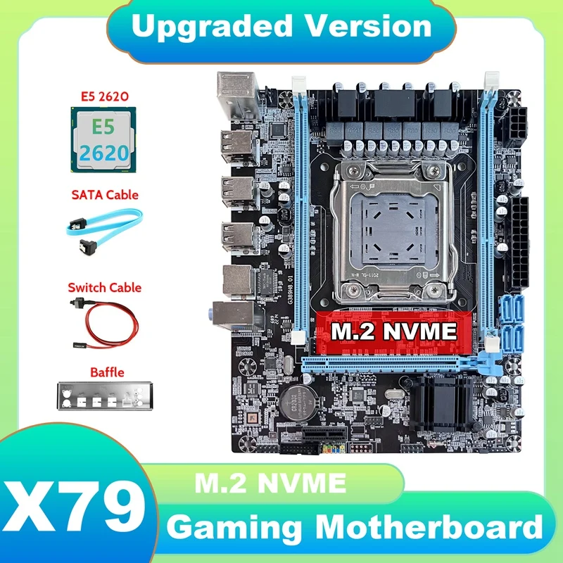 X79 Motherboard V389+E5 2620 CPU+SATA Cable+Switch Cable+Baffle NVME LGA2011 Gigabit Network Card For CF LOL PUBG