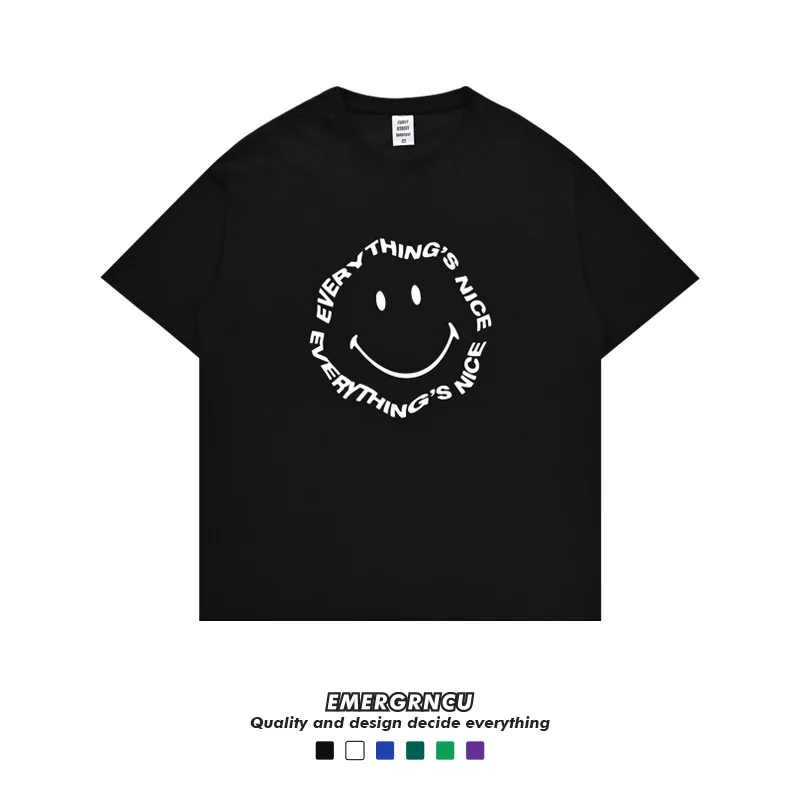 

KAZUE-Tide brand short-sleeved summer new reflective smiley printed cotton T-shirt men and women couple high street tops