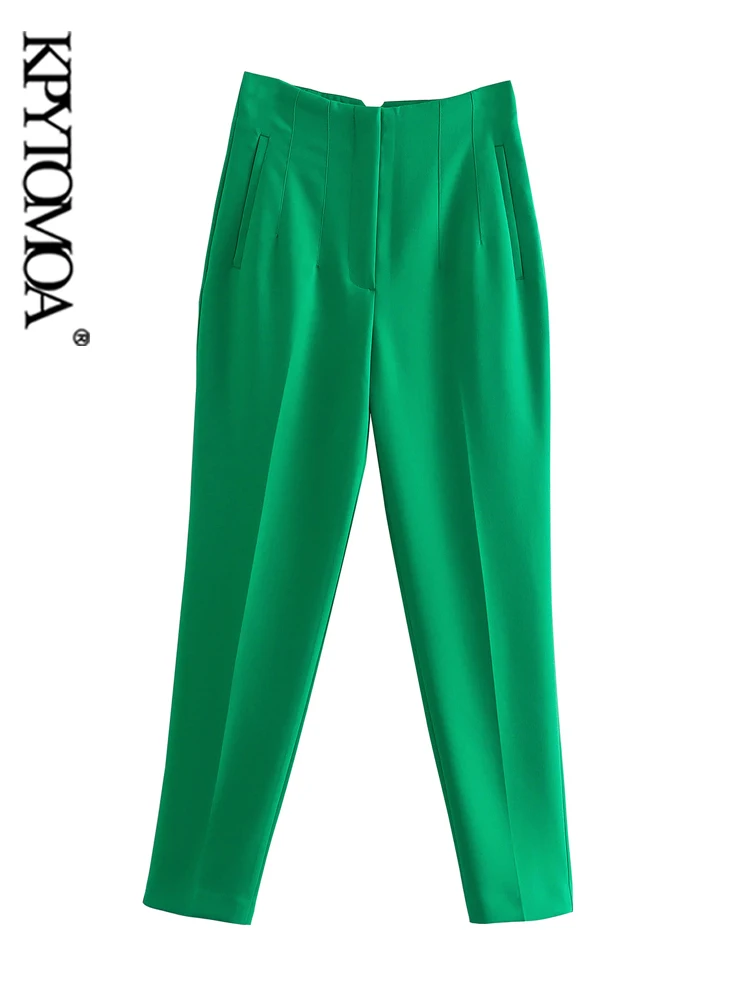 

KPYTOMOA Women Fashion Front Welt Pockets Seam Detail Pants Vintage High Waist Zipper Fly Female Ankle Trousers Mujer