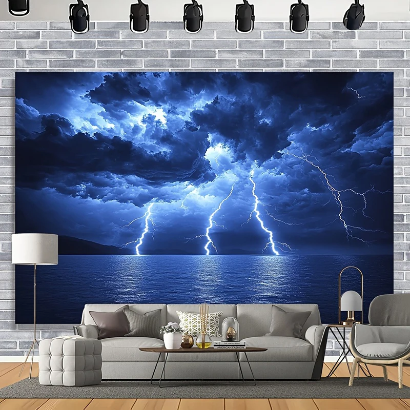 Фото Драматический настенный гобелен Lightning Storm Sea: смелый домашний декор ночной тематики для гостиной и спальни №4