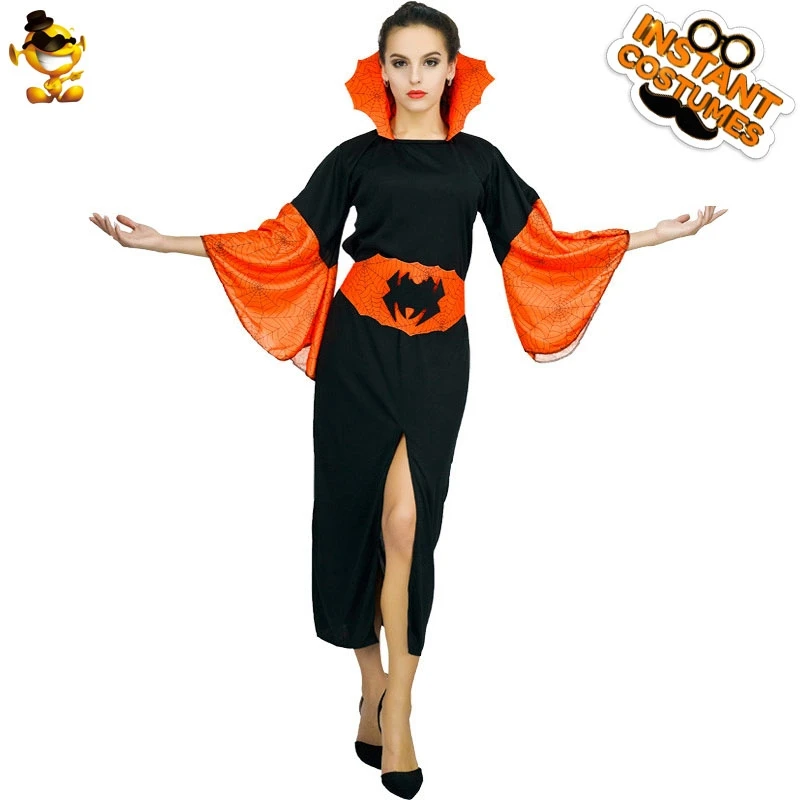 

Оранжевый женский костюм вампира на Хэллоуин, нарядное платье, длинные платья паутины для косплевечерние одежда для ролевых игр для женщин