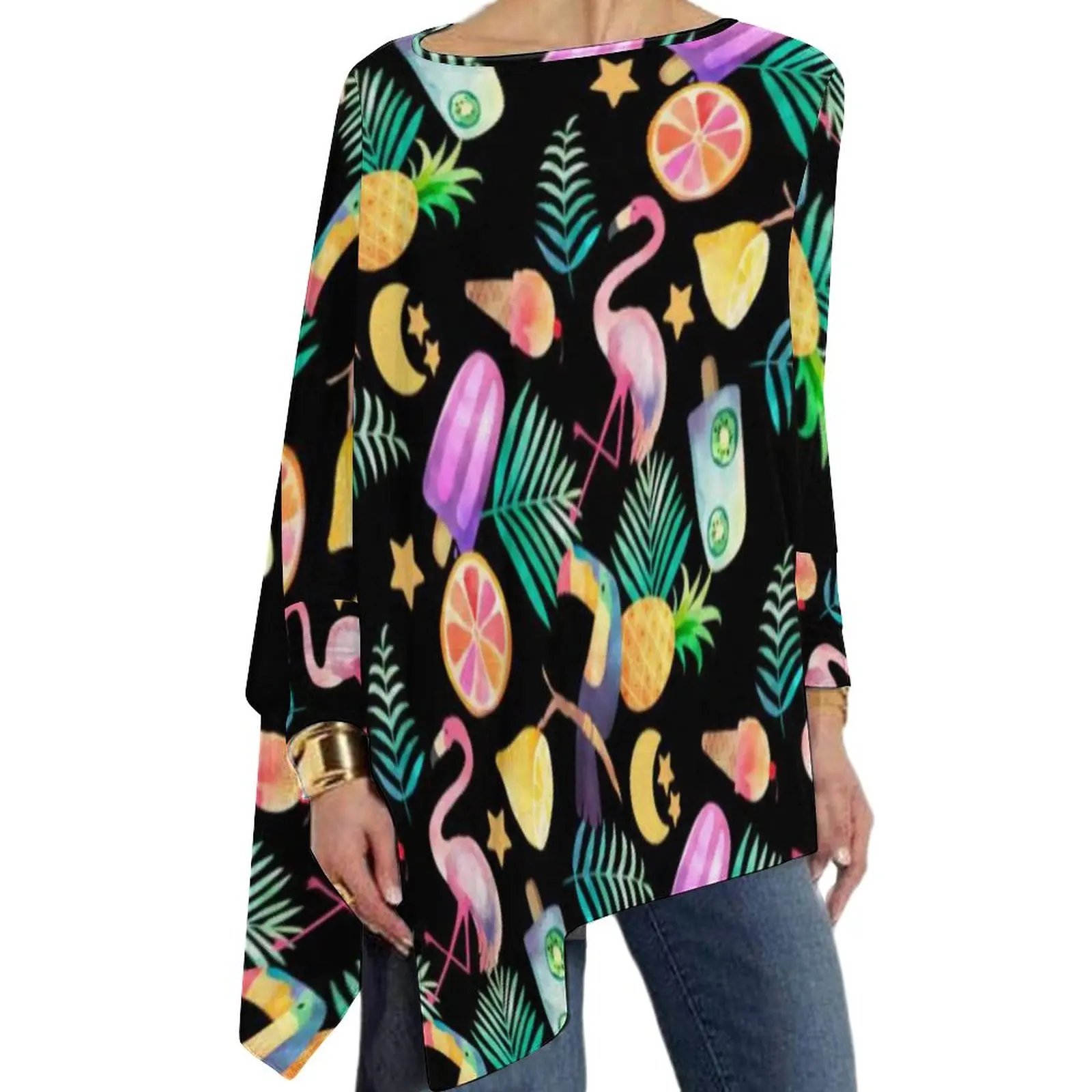 

Футболка с длинным рукавом и принтом фламинго, 4XL/5XL/6XL