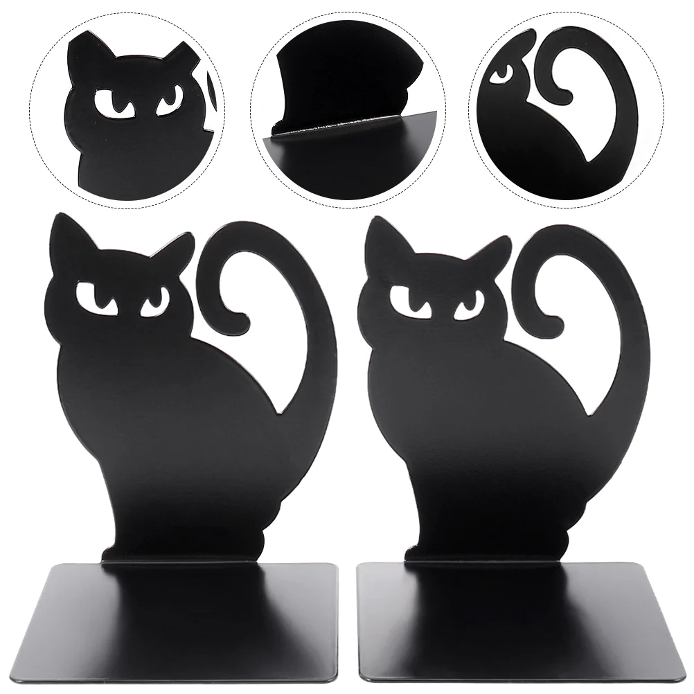 

2 Pcs Black Cat Bookend Iron Multi-function Stands Desktop Decor Exquisite Holders Magazine Display Ends Metal Bookends Books