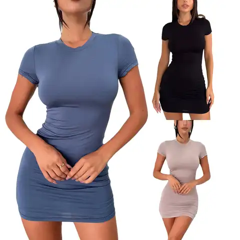 HEZIOWYUN Women's Bodycon Mini Dress Casual Short Sleeve Round Neck Solid Color Stretchy Basic Dress
