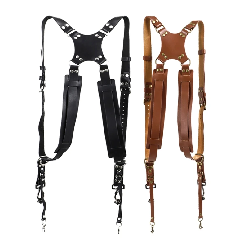 

Camera Strap Photography Accessories for Two Cameras Dual Shoulder Leather Harness Leather Rivets Camera Suspenders