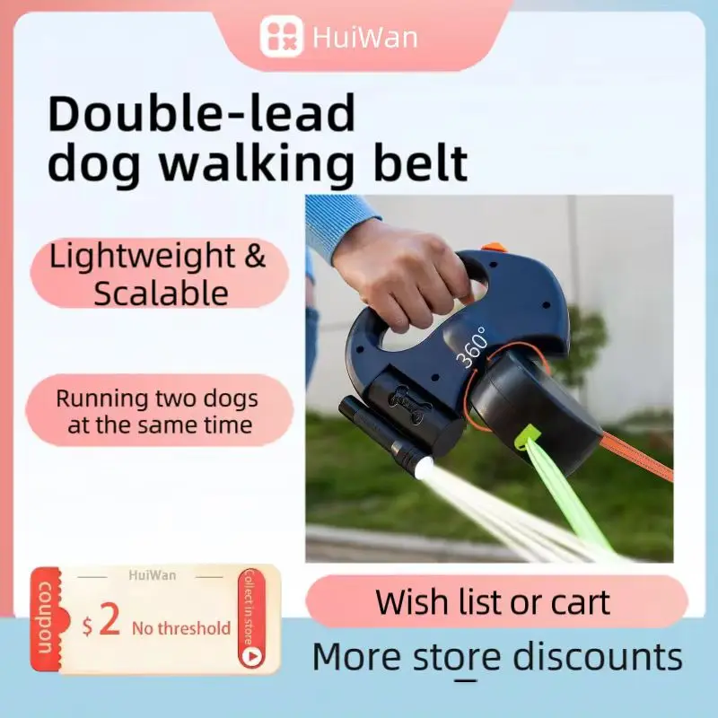 

Dual Dog Rope Leash with Light Retractable Double Pet Traction Rope Belt Portable Rotation Pet Rope Supply for 2 Dogs Walking