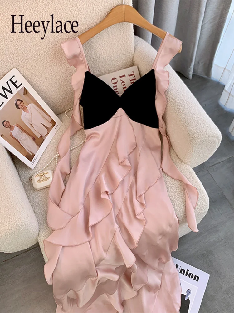 

Pink Long Dresses For Women Ruffles Patchwork Sling Dress Summer Backless Prom Party Dresses Beach Holiday Fairy Dresses 2022
