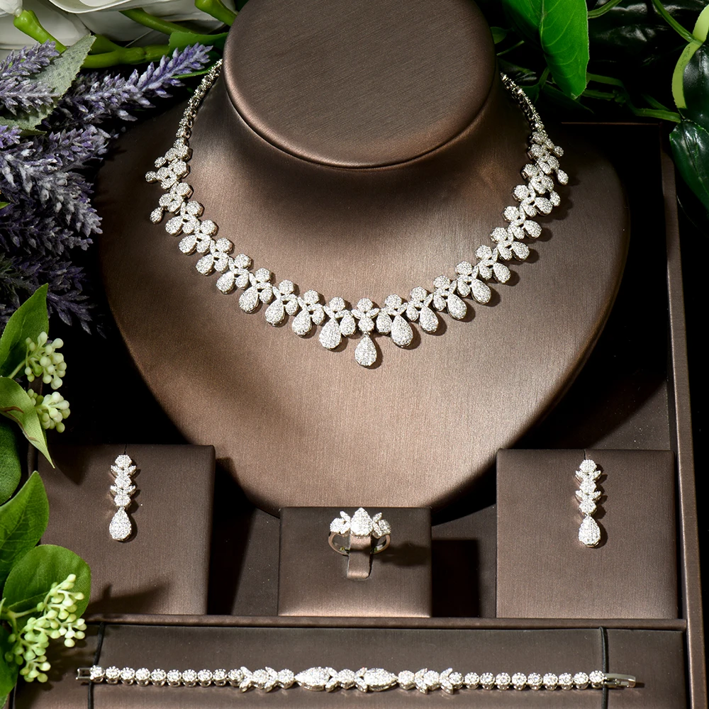 Fashion Trendy Gorgeous Necklace Earrings Ring And Bracelet 4pcs Jewelry Set Women Bridal Party Wedding Conjunto de joyas N-1921