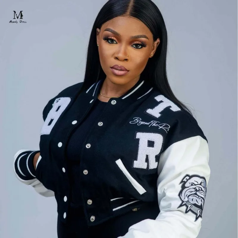 

Embroidery Women Varsity Jacket PU Leather Patchwork Baseball Outwear Vintage Y2K Autumn Winter Thick Coats 2023