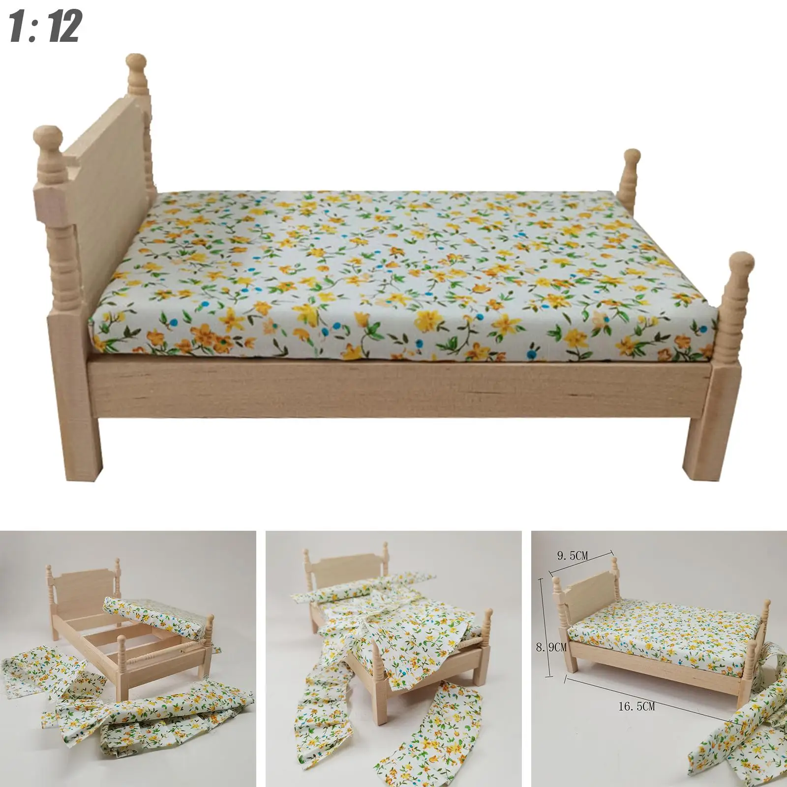 

1:12 Doll Vintage Flower Print Bed , Dollhouse Miniature Furniture Wooden Single
