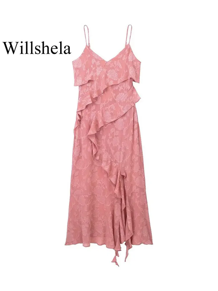 

Willshela Women Fashion Printed Ruffled Side Zipper Midi Dress Vintage Thin Straps Backless V-Neck Female Chic Lady Dresses